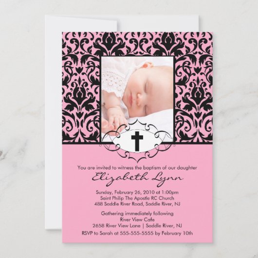 Baptême Christening Invitations Photo Damask Pink (Devant)