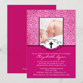 Baptême Christening Invitations Photo Pink Damask (Devant / Derrière)
