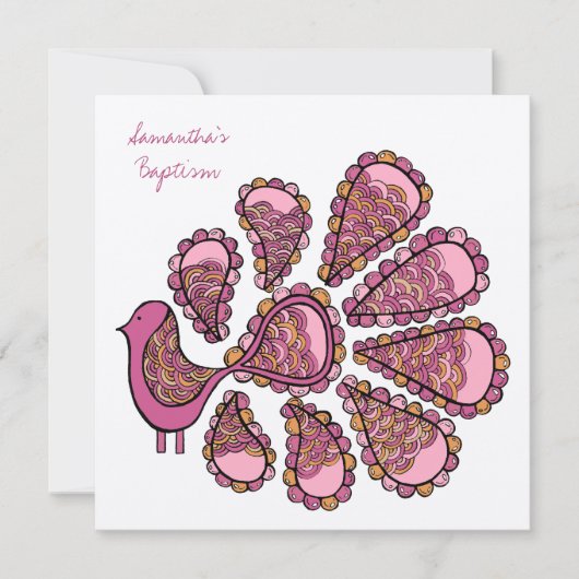Baptême Christening Pink Peacock Invitation Invita (Devant)
