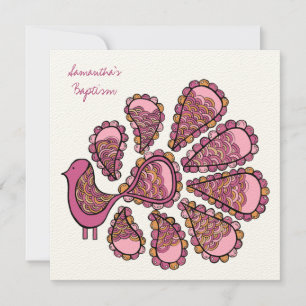 Baptême Christening Pink Peacock Invitation Invita