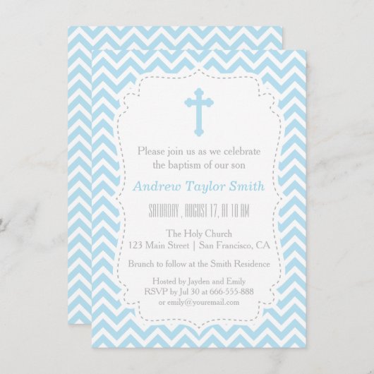 Baptême croisé Chevron bleu Invitations (Devant / Derrière)