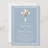 Baptême croisé floral bleu Dusty Invitation (Devant)