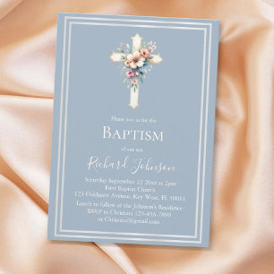 Baptême croisé floral bleu Dusty Invitation