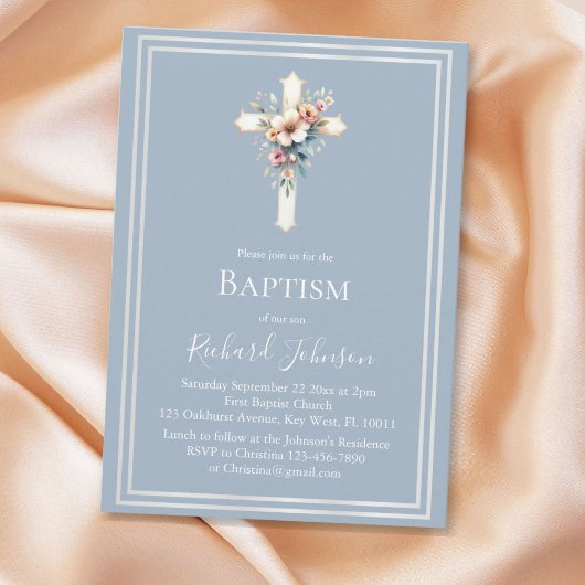 Baptême croisé floral bleu Dusty Invitation
