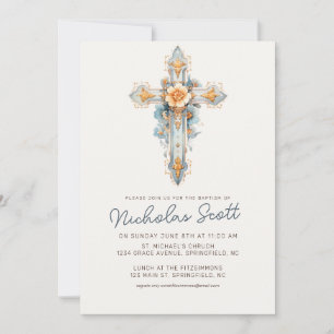 Baptême croisé floral bleu Dusty Invitation