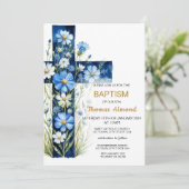 Baptême croisé floral bleu Invitation (Debout devant)