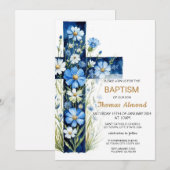 Baptême croisé floral bleu Invitation (Devant / Derrière)