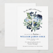 Baptême croisé floral bleu Invitation (Devant / Derrière)