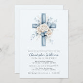 Baptême croisé floral bleu Invitation (Devant / Derrière)