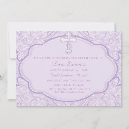 Baptême croisé pourpre Christening Invitation (Devant)