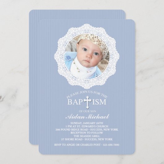 Baptême Croix Bleue Photo Invitation (Devant / Derrière)