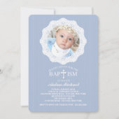 Baptême Croix Bleue Photo Invitation (Devant)