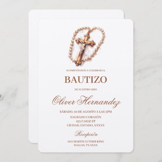Baptême crucifix Invitation espagnole (Devant / Derrière)