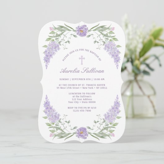 Baptême de cadre Lilac floral Invitation (Debout devant)