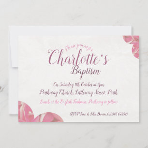 Baptême de fille invitations aux fleurs rose et bl