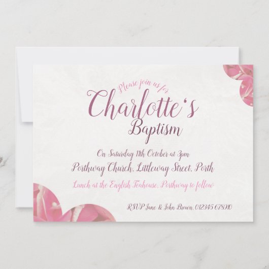 Baptême de fille invitations aux fleurs rose et bl (Dos)