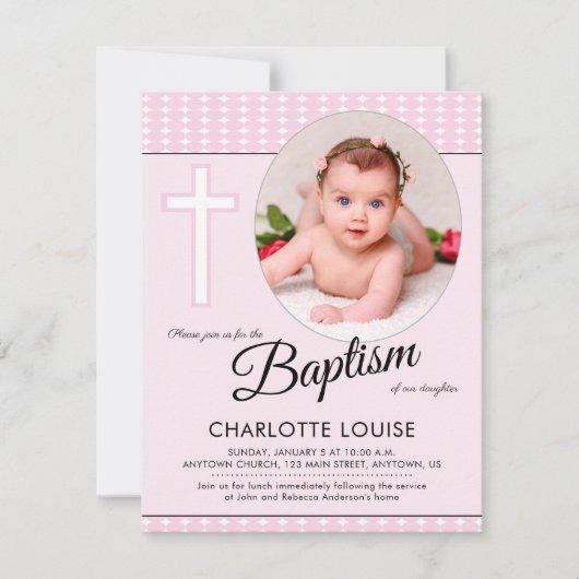 Baptême de fille rose, Invitation de baptême crois (Devant)