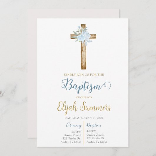 Baptême de fleurs bleues invitation pour garçon (Devant / Derrière)