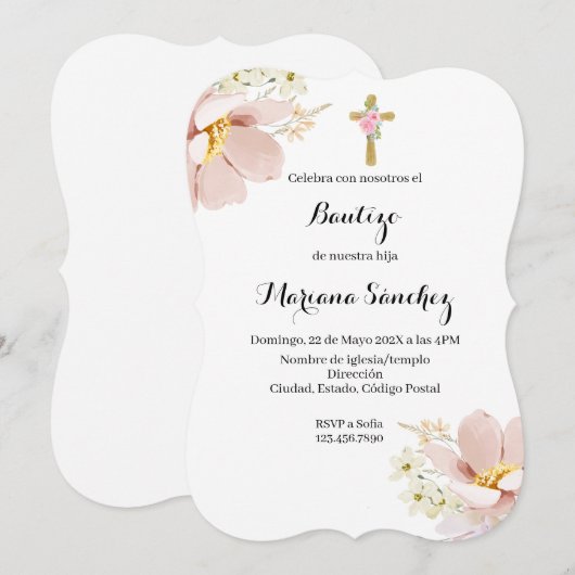 Baptême de fleurs roses invitation pour fille (Devant / Derrière)