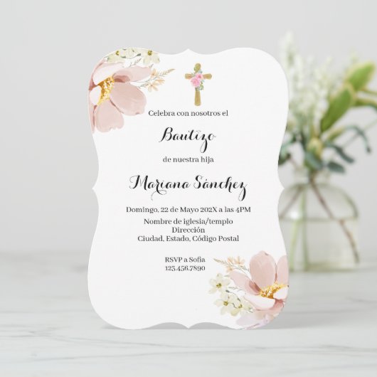 Baptême de fleurs roses invitation pour fille (Debout devant)