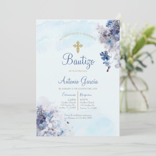 Baptême de garçon bleu clair invitation (Debout devant)