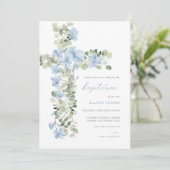 Baptême de garçon de Croix Flore Bleue Invitation (Debout devant)