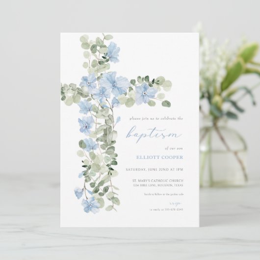 Baptême de garçon de Croix Flore Bleue Invitation (Debout devant)