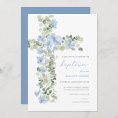 Baptême de garçon de Croix Flore Bleue Invitation (Devant / Derrière)