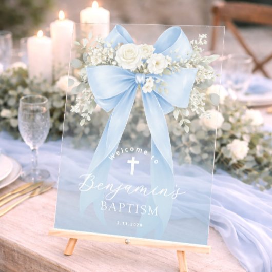 Baptême de garçon élégant ruban bleu eucalyptus