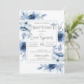 Baptême de garçon floral bleu Invitation (Debout devant)