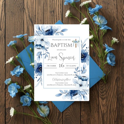 Baptême de garçon floral bleu Invitation