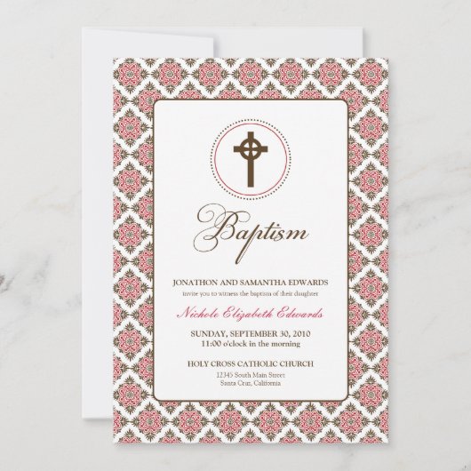 Baptême de grâce Vintage 5x7 Invitation (brun/roug (Devant)