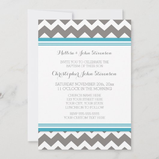 Baptême de gris bleu Chevron Invitation (Dos)