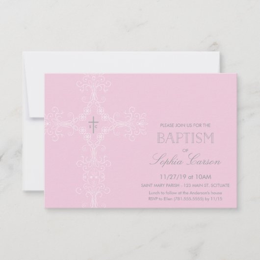 Baptême de la petite fille Invitation et Croix élé (Devant)