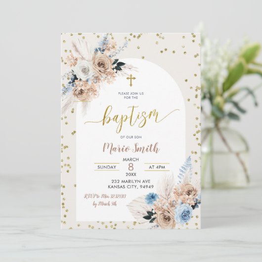 Baptême de Pampas Bleu Boho Grass Invitation (Debout devant)