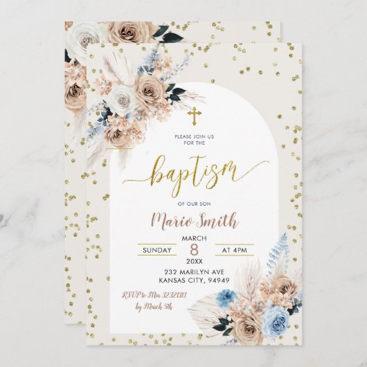 Baptême de Pampas Bleu Boho Grass Invitation (Devant / Derrière)