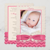 Baptême DE RIBBON IMPRIMÉ Invitation photo - Pink  (Devant / Derrière)