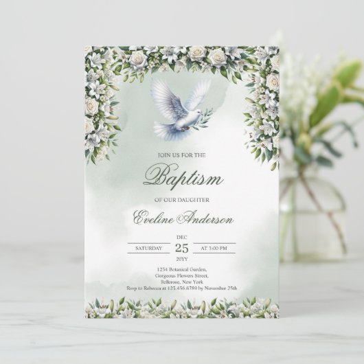 Baptême de verdure invitation avec colombe blanche (Debout devant)