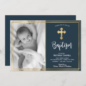 Baptême d'or et de bleu marine Invitation Baptême (Devant / Derrière)