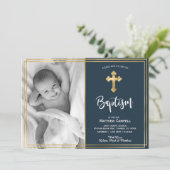 Baptême d'or et de bleu marine Invitation Baptême (Debout devant)