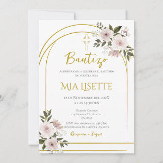 Baptême d'or et de fleurs invitation pour fille en