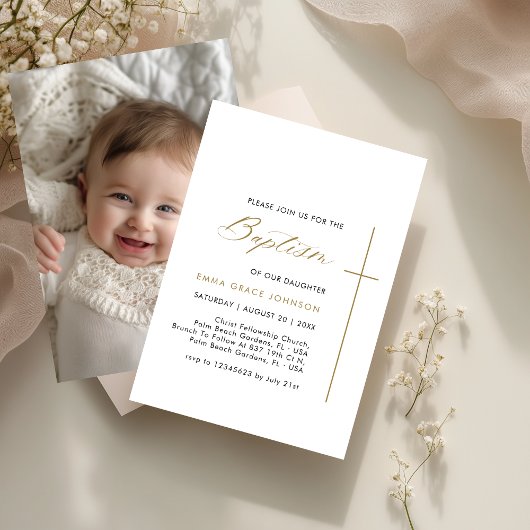 Baptême d'or Invitation photo pour bébé garçon ou