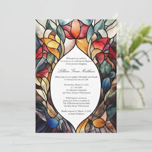 Baptême en verre tendu Invitation Élégant floral (Debout devant)