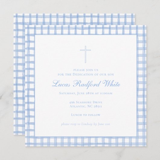 Baptême En vichy Bleu / Invitation Dédication (Devant / Derrière)