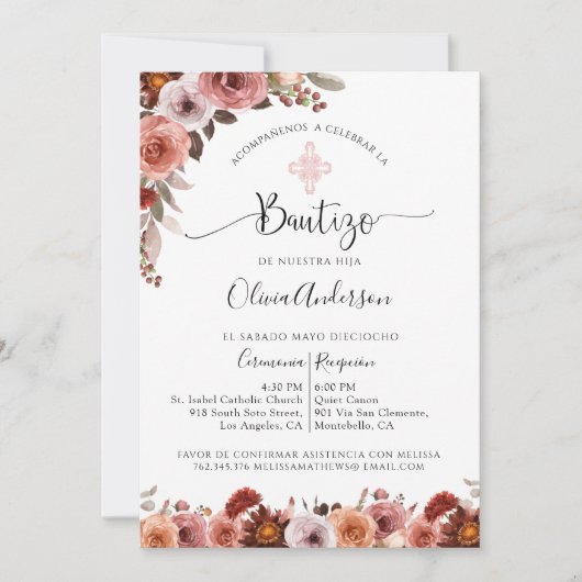 Baptême espagnol Blush rose Floral Invitation (Devant)