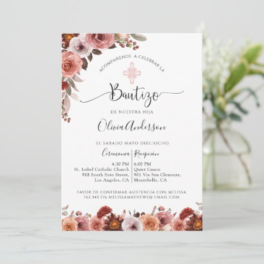 Baptême espagnol Blush rose Floral Invitation (Debout devant)