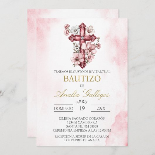 Baptême espagnol Crucifix Invitation (Devant / Derrière)