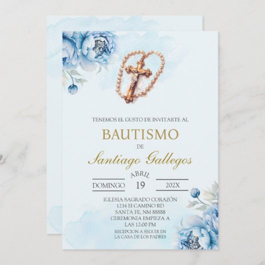 Baptême espagnol Crucifix Invitation (Devant / Derrière)