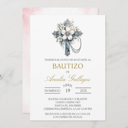 Baptême espagnol Crucifix Invitation (Devant / Derrière)