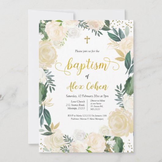 Baptême espagnol floral blanc Invitation (Devant)